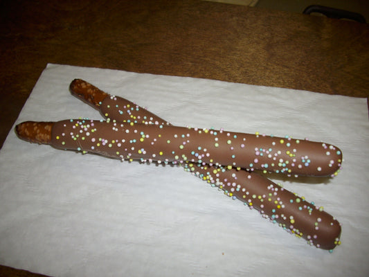 Milk Chocolate Dipped Pretzel Rod w/ non pariels